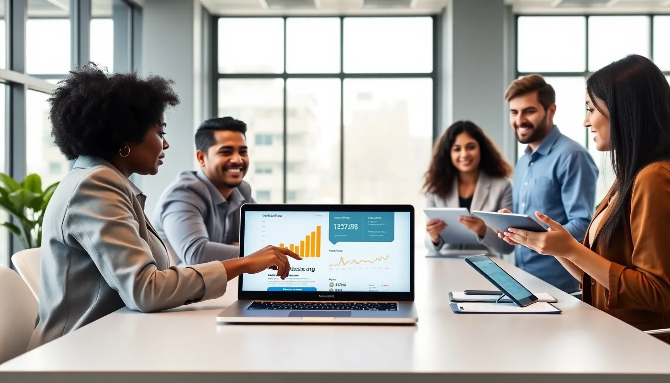 diverse team discussing decentralized finance in a modern office.
