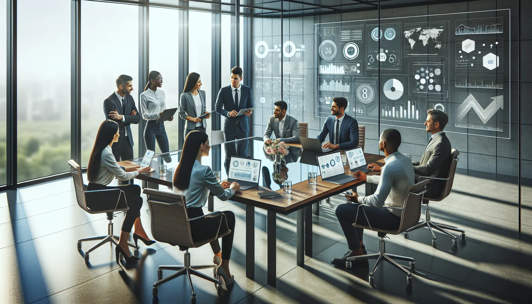 diverse team discussing trends in a modern office setting.