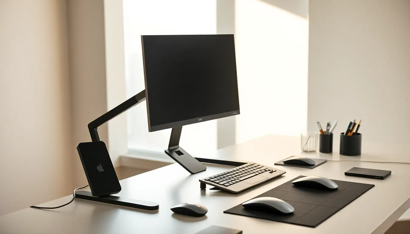 modern desk setup with tech accessories promoting organization and ergonomics.