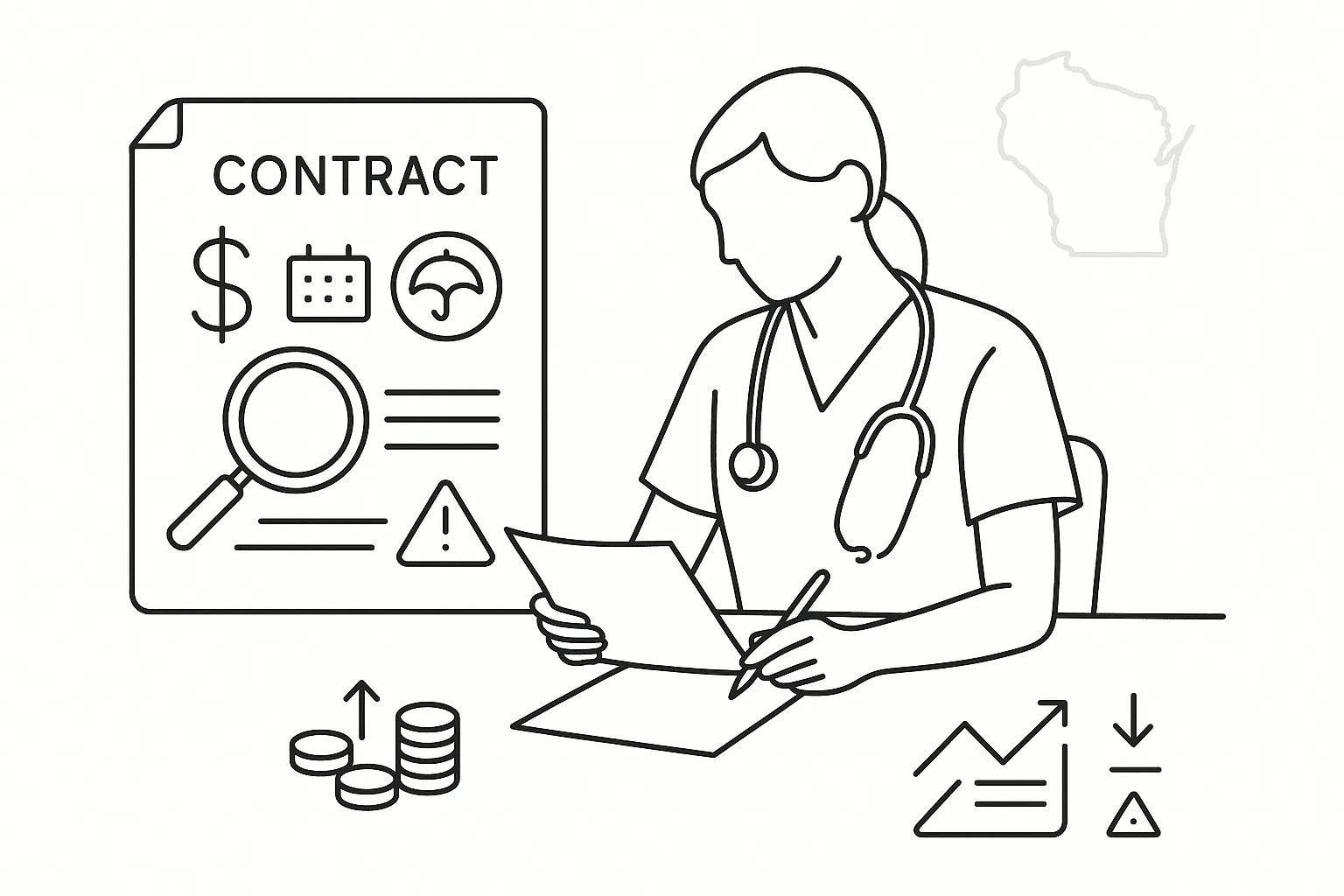 A nurse practitioner examining a contract with pay, benefits, and protection icons.