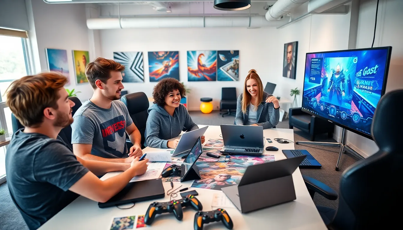 a diverse team collaborating in a modern game development studio.