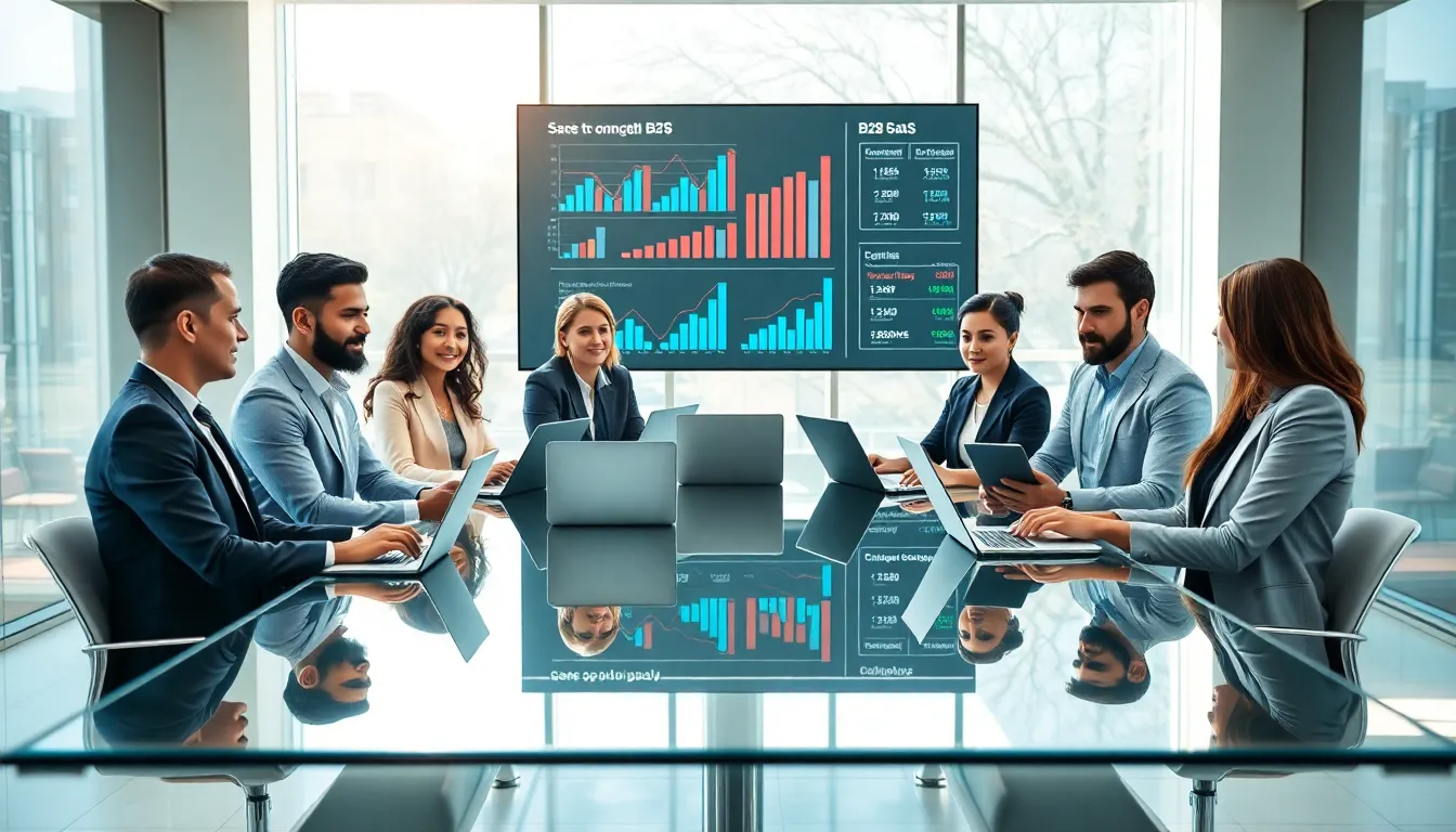 diverse team collaborating on B2B SaaS solutions in a modern office.