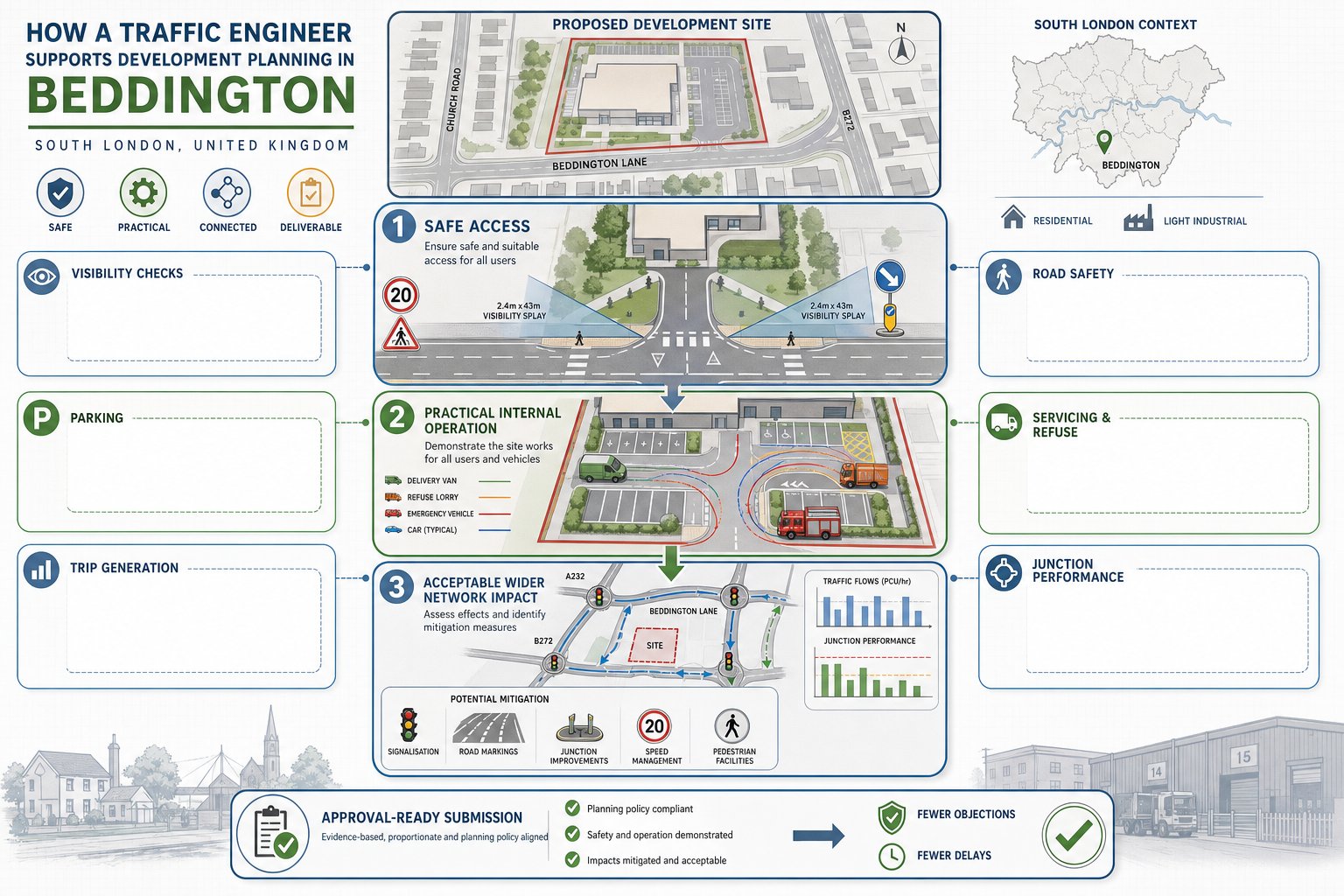 infographic of traffic engineering checks for a development site in Beddington.