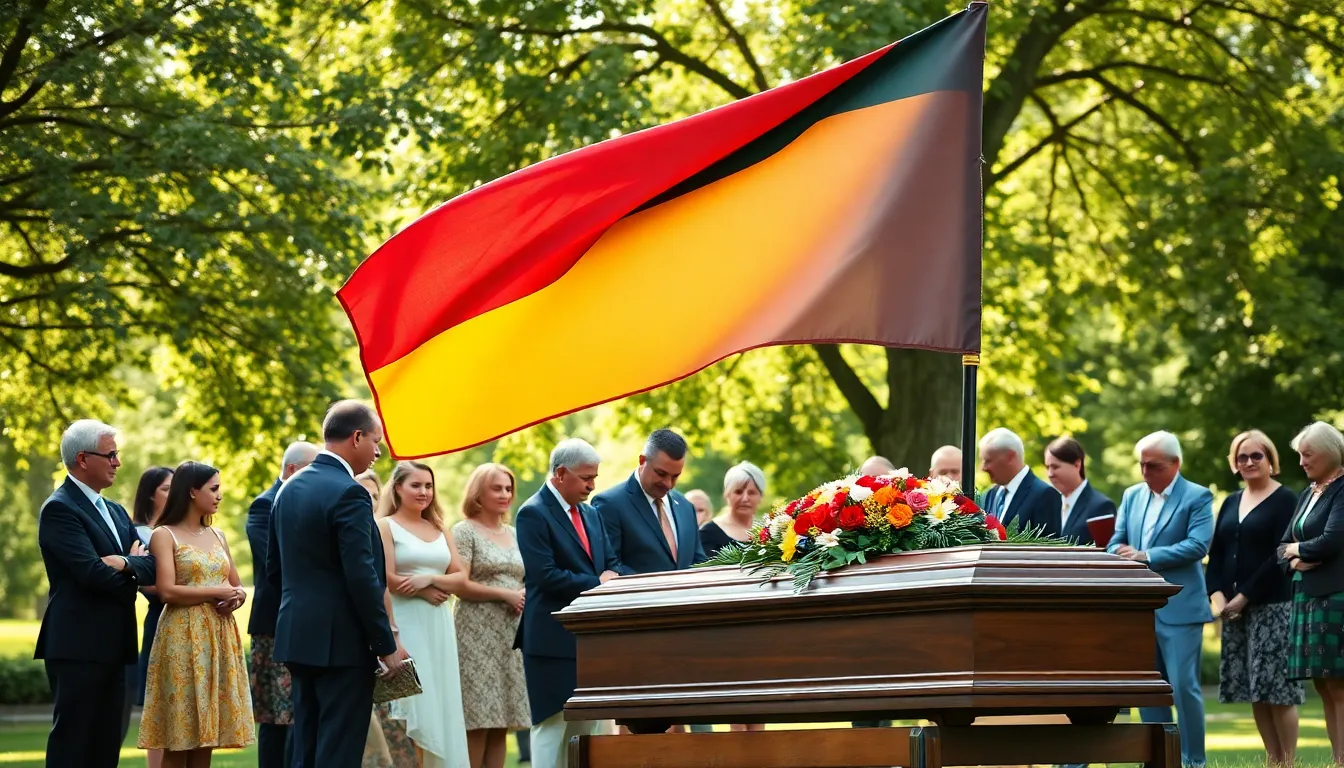 group gathered for a funeral with a procession flag.
