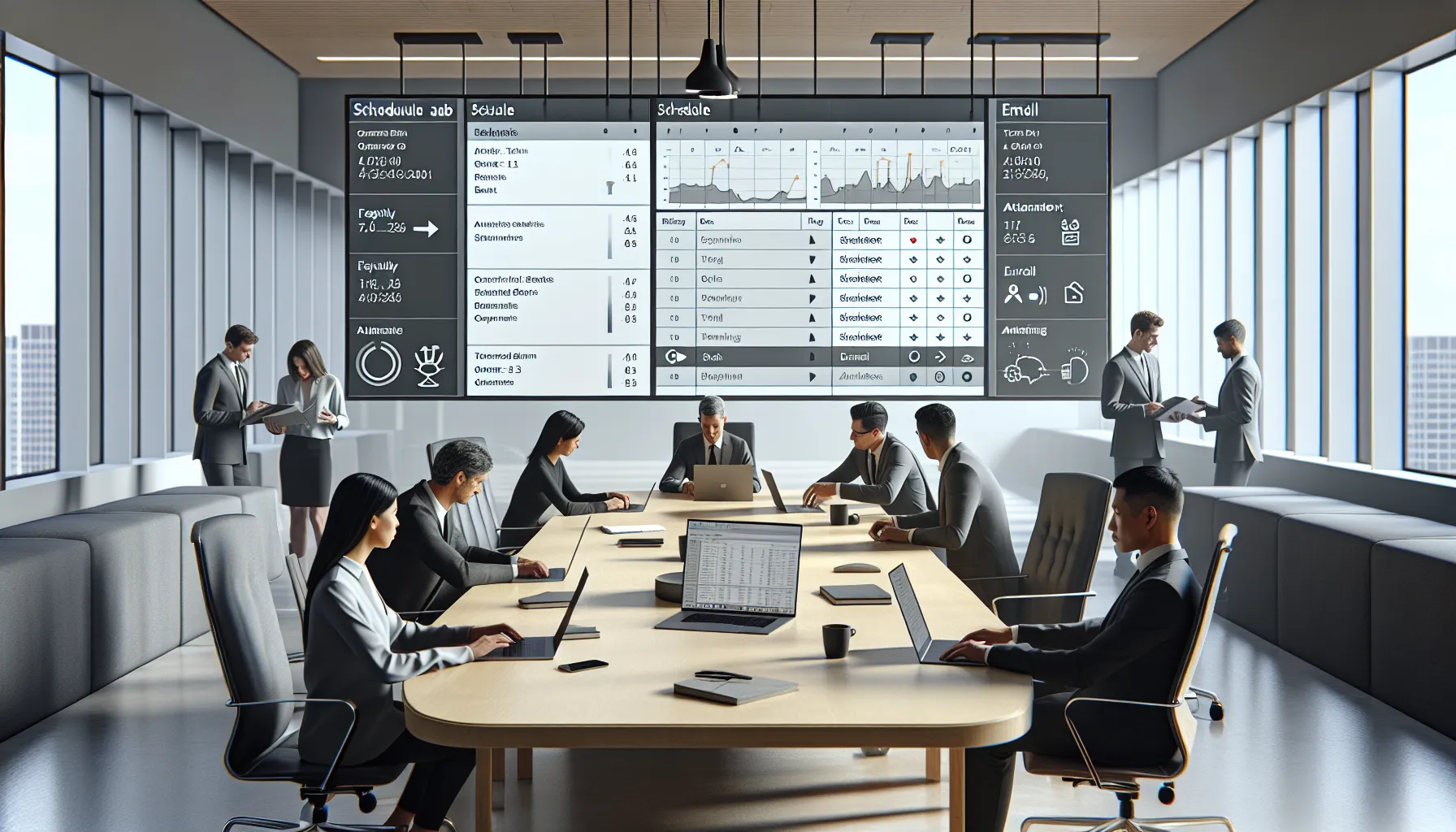 Diverse professionals scheduling automated Tableau email reports in a modern office.
