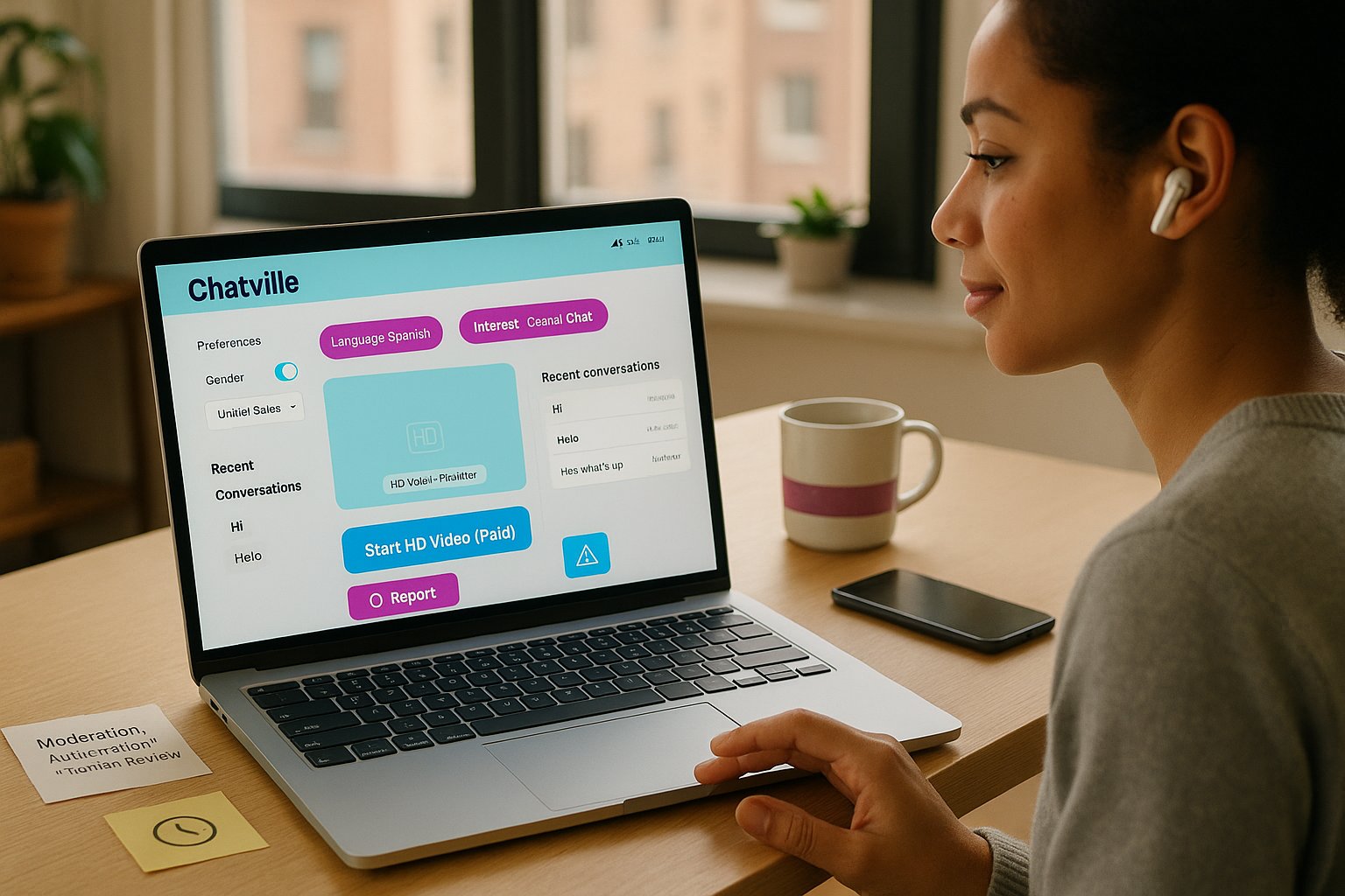 Person using laptop showing Chatville browser interface with colorful filters.