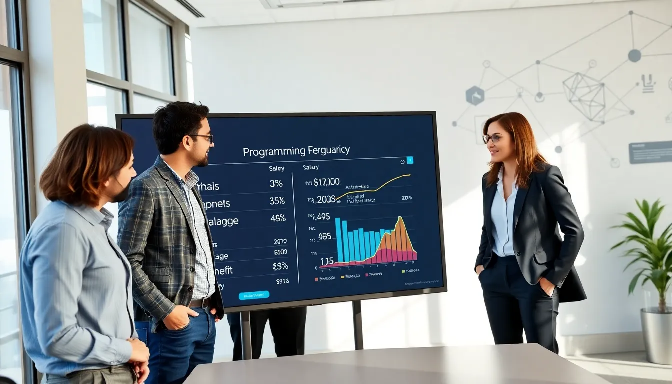 professionals discussing programming salary trends in a modern office.