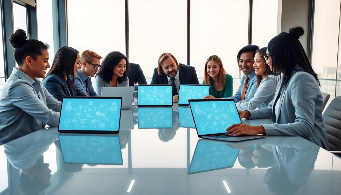 diverse team discussing digital tools in a modern office.