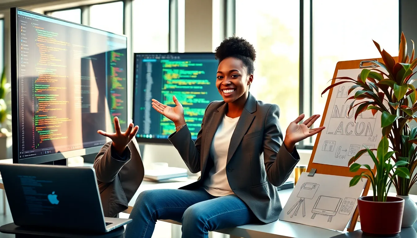 Rebecca Applewhite working passionately at her modern tech workspace.