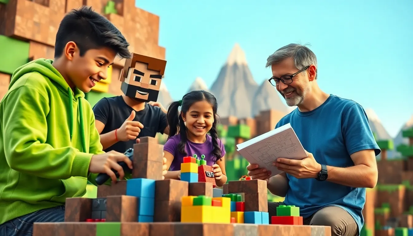 three players collaborating in a colorful Minecraft game scene.