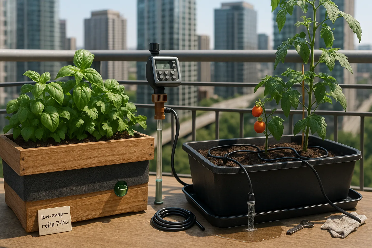 Two balcony planters: a self-wicking box with herbs and a drip-irrigated tomato planter.