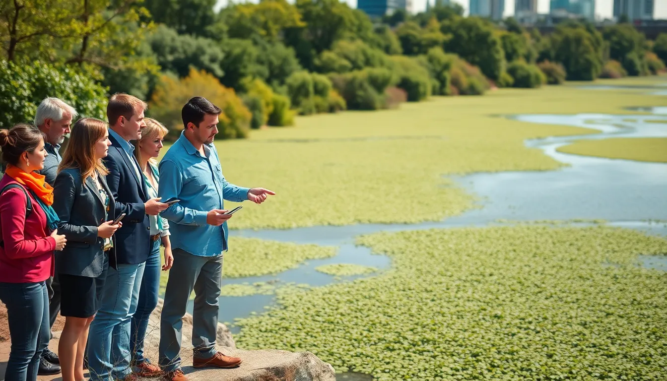 scientists discussing eutrophication by a river with algal bloom.