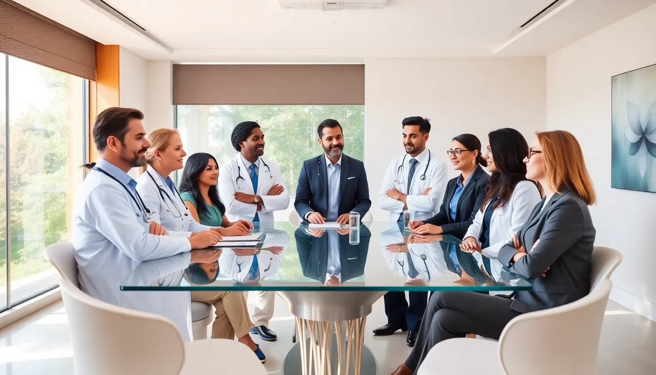 diverse healthcare team collaborating in a modern office.