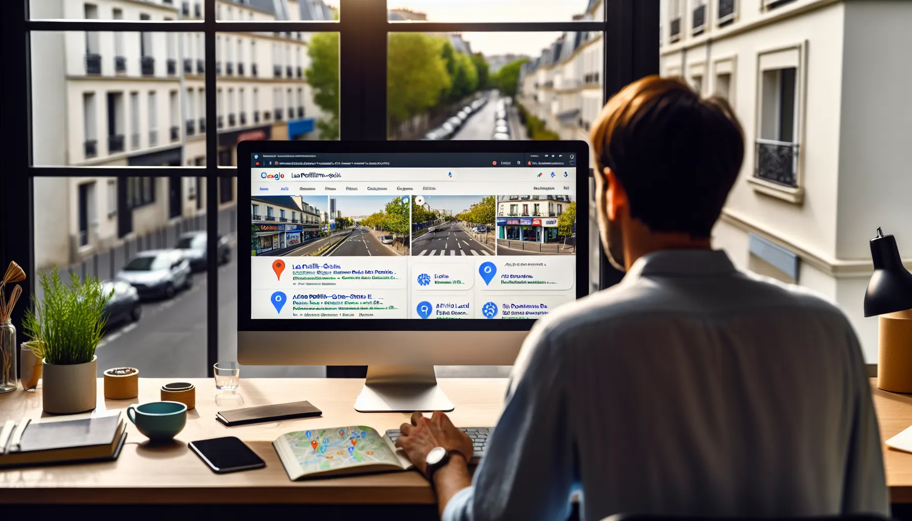Local business owner in Les Pavillons-sous-Bois analyzing Google search results on screen.