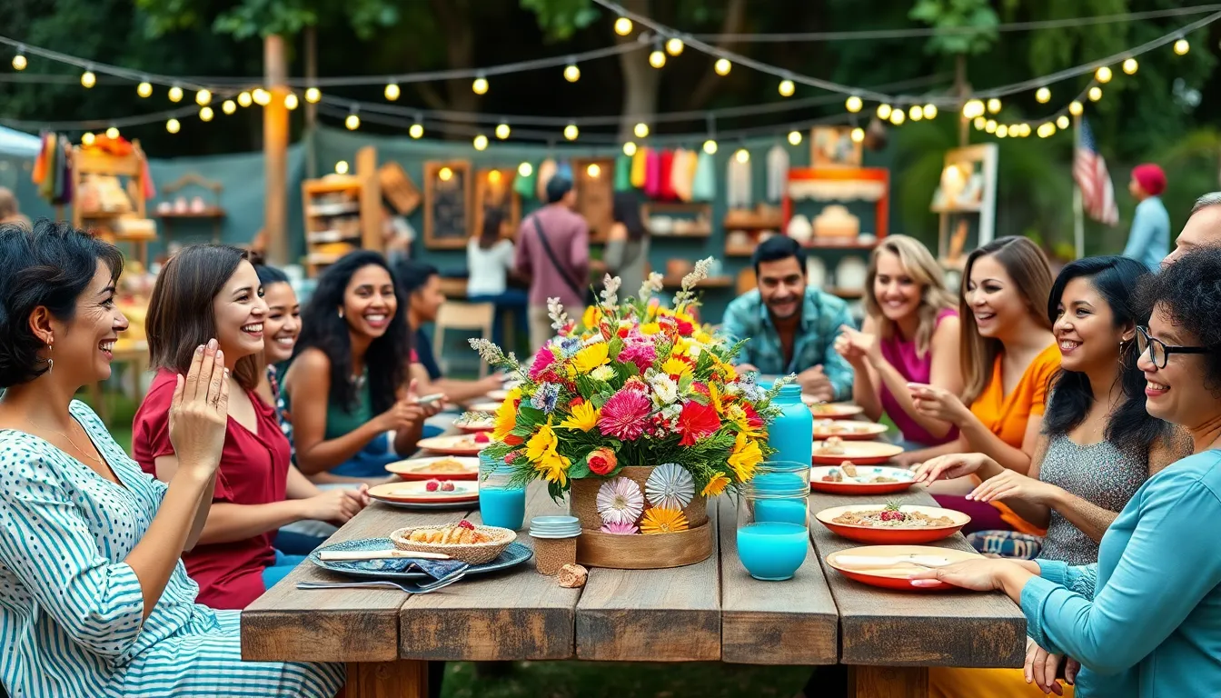 Diverse group enjoying a budget-friendly outdoor event with DIY decorations.