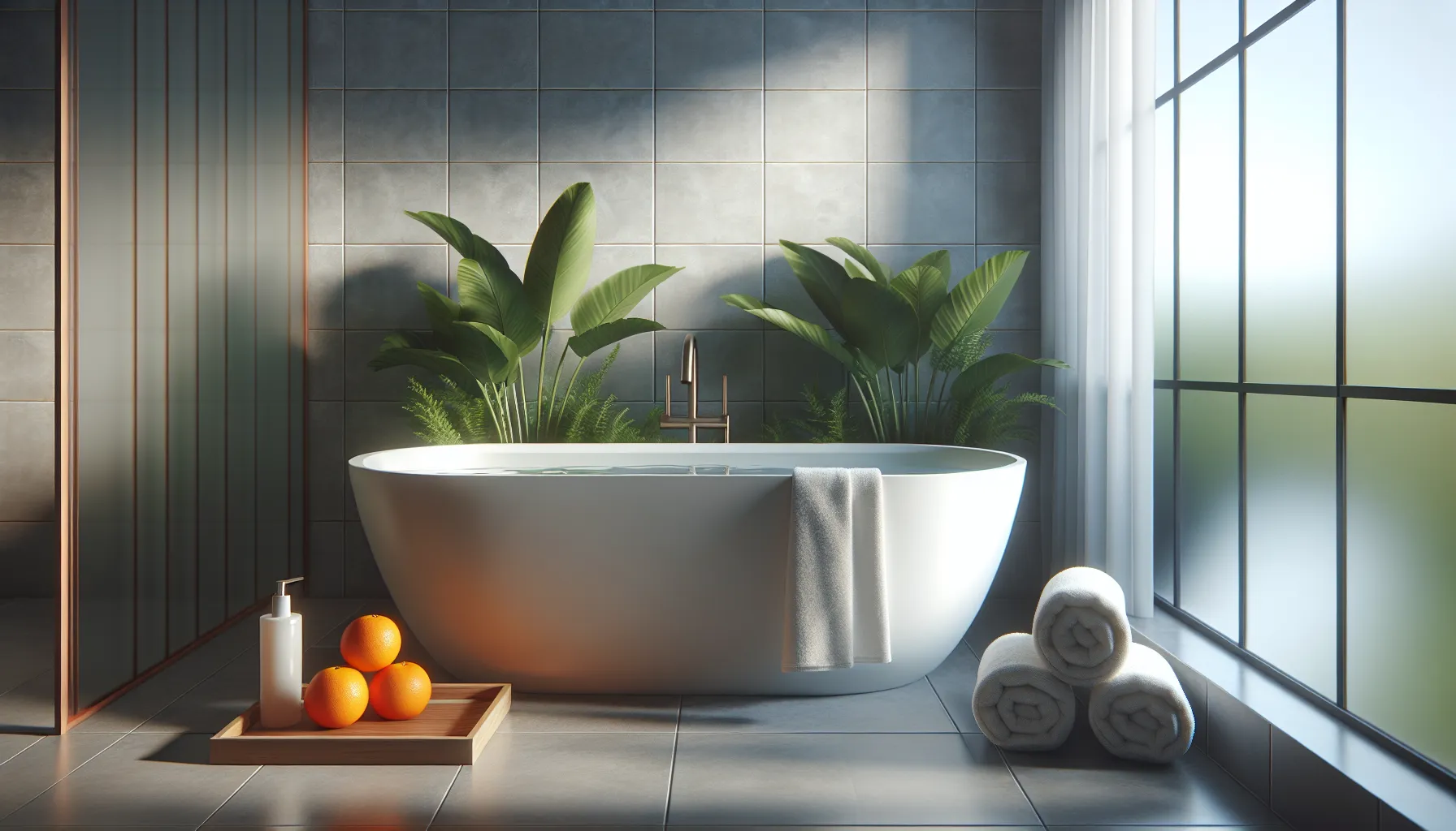 Orange on a tray next to a bathtub in a California bathroom.