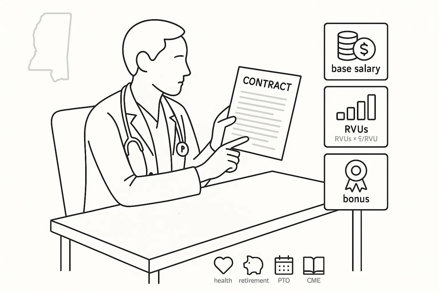 Physician assistant reviewing a contract with salary, RVU, bonus, and benefits icons.