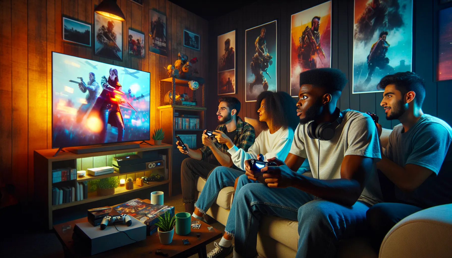 friends enjoying a gaming session with PlayStation and Xbox in a cozy living room.