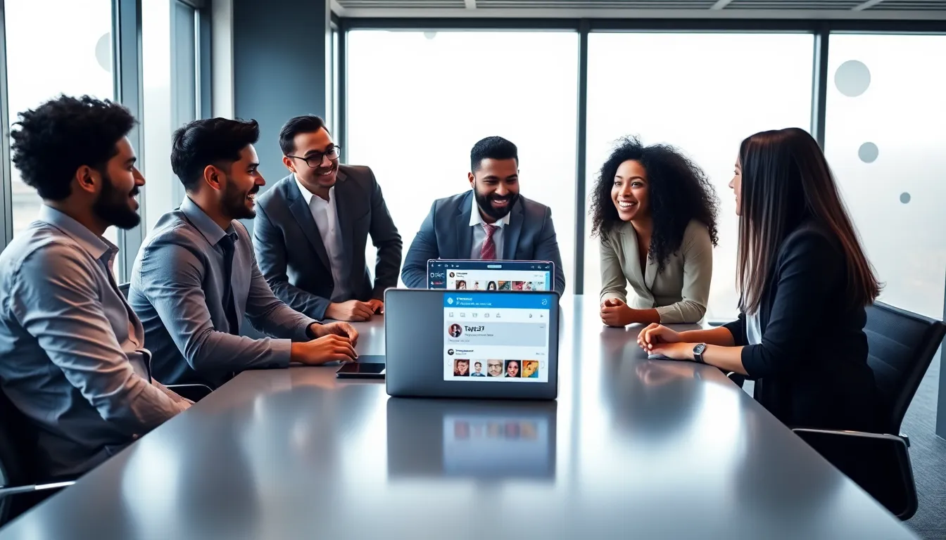 diverse professionals discussing social media trends in a modern office.