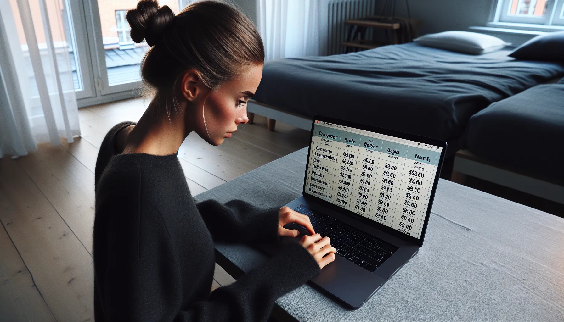 Norwegian woman compares gym membership prices and timing on a laptop.