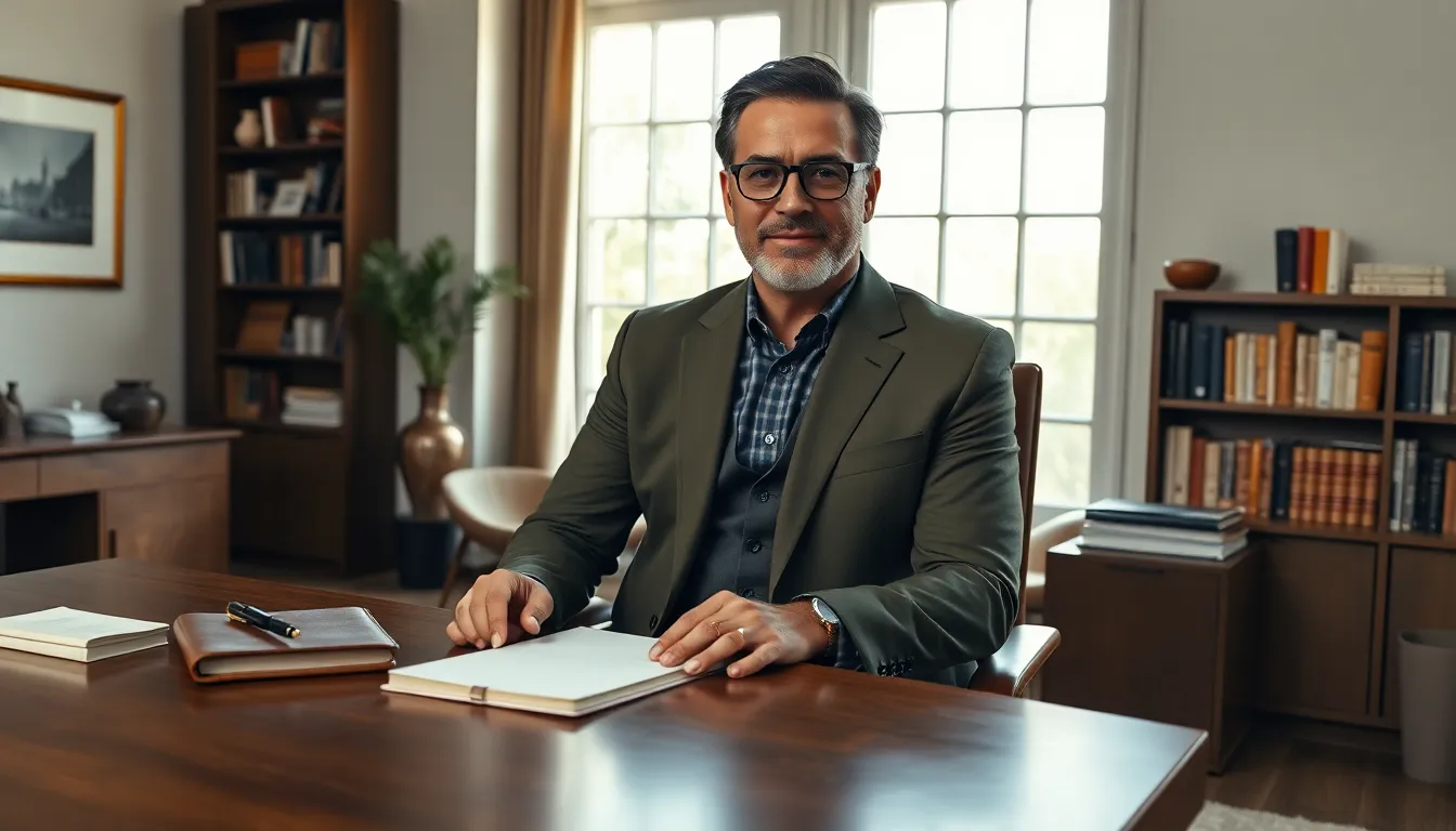 man in olive green blazer in a refined office setting.