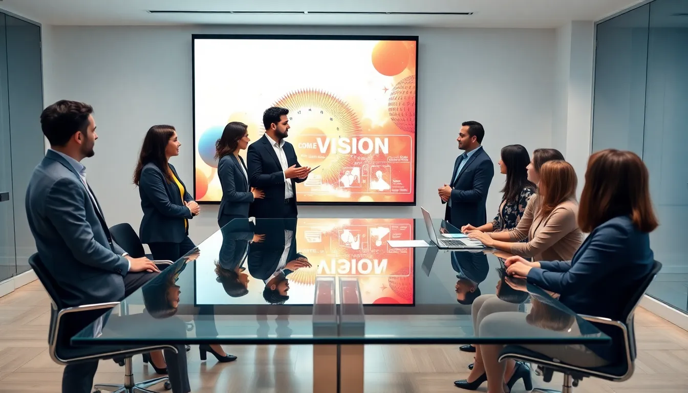 diverse team discussing leadership vision in a modern conference room.