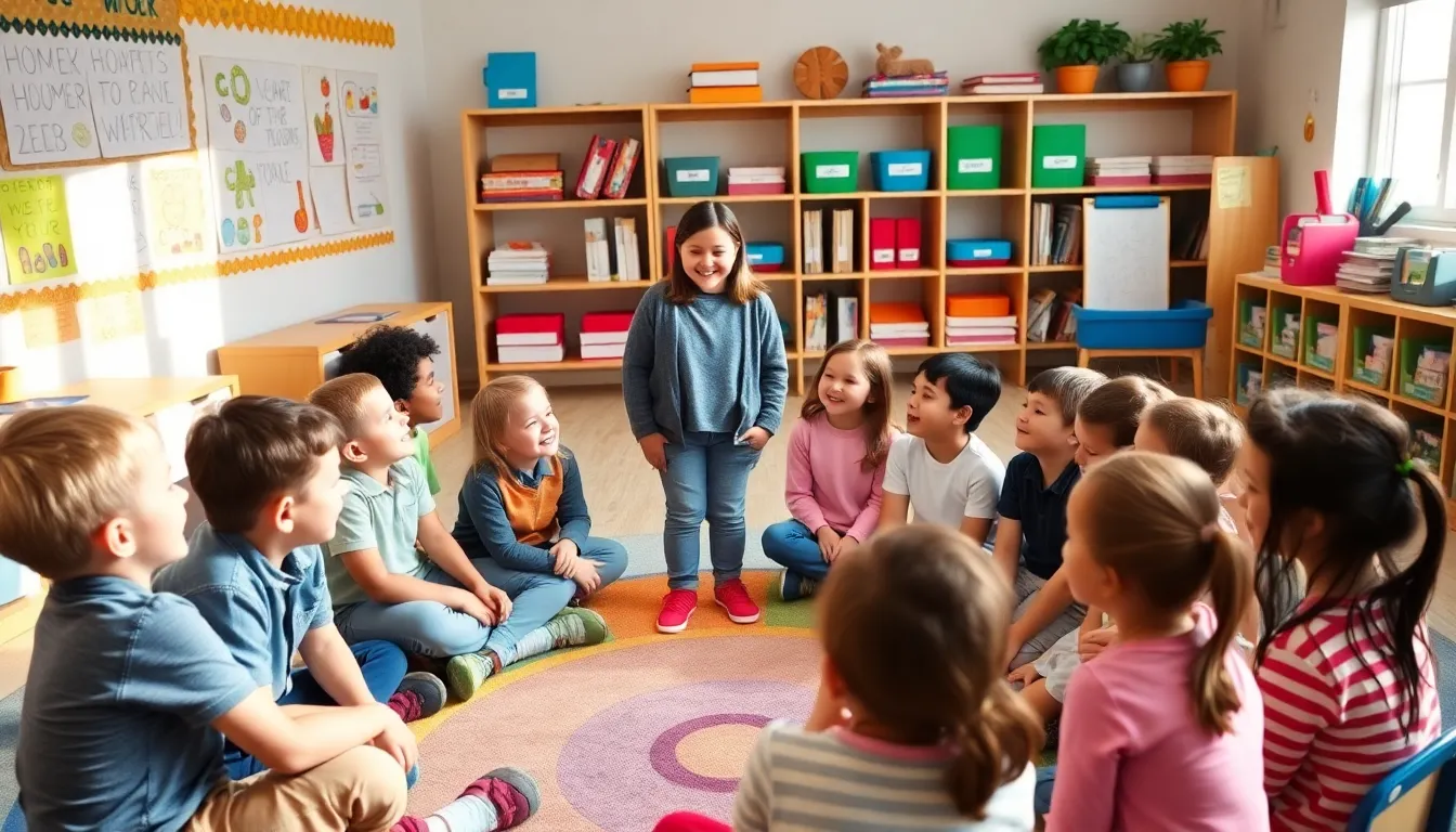 diverse kids laughing together in a colorful classroom.