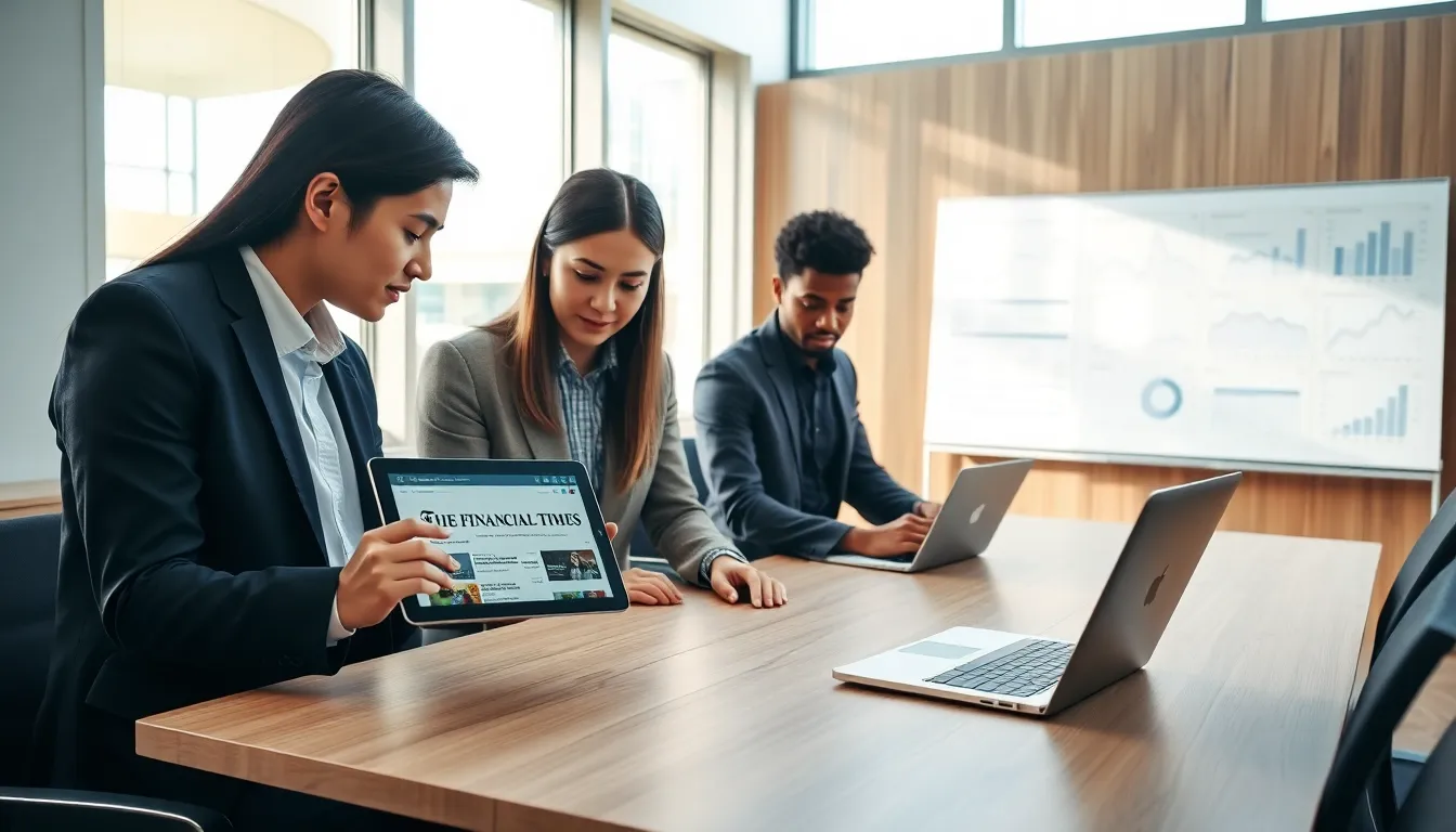 diverse students discussing financial topics in a modern university setting.