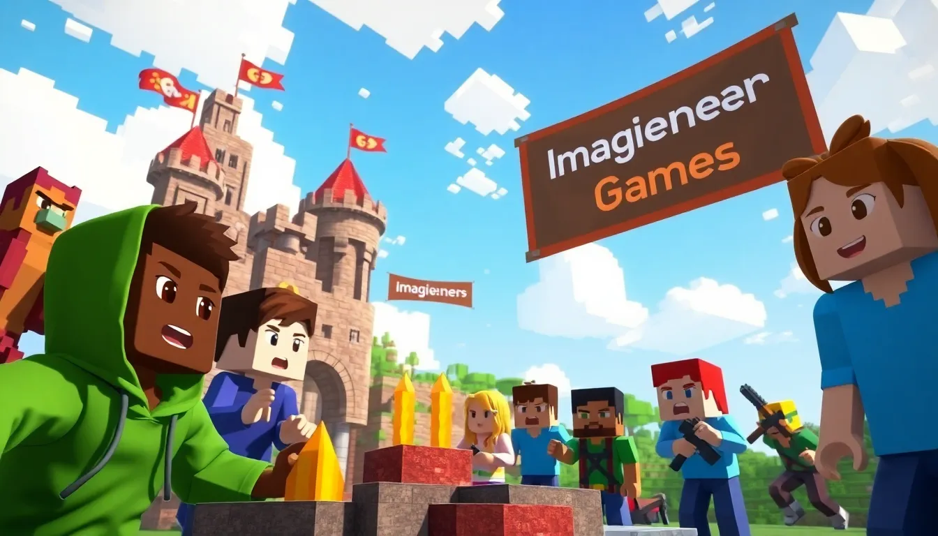 Diverse gamers collaborating in a vibrant Minecraft community hub.