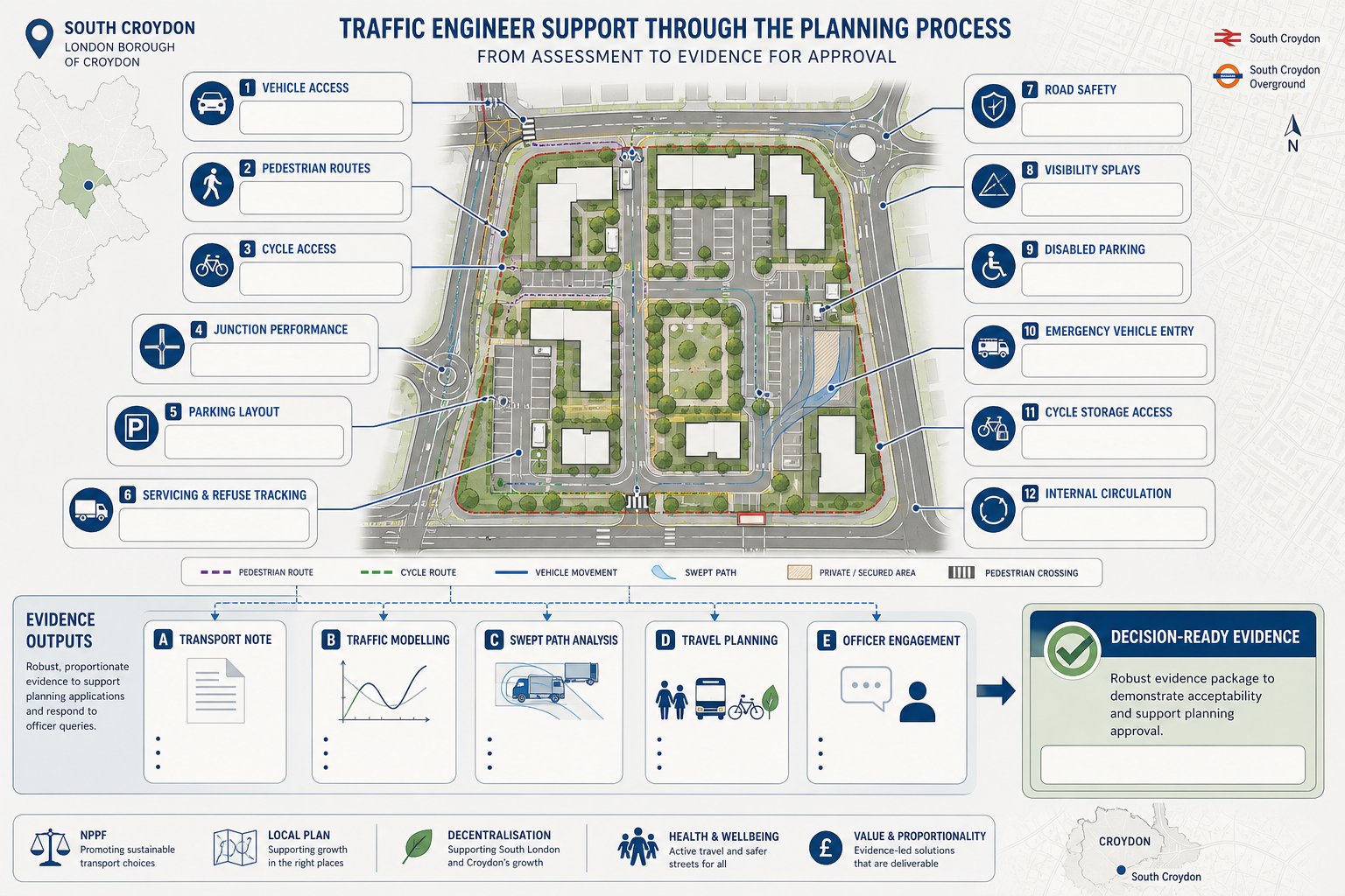 Traffic engineering planning infographic for a South Croydon development site.