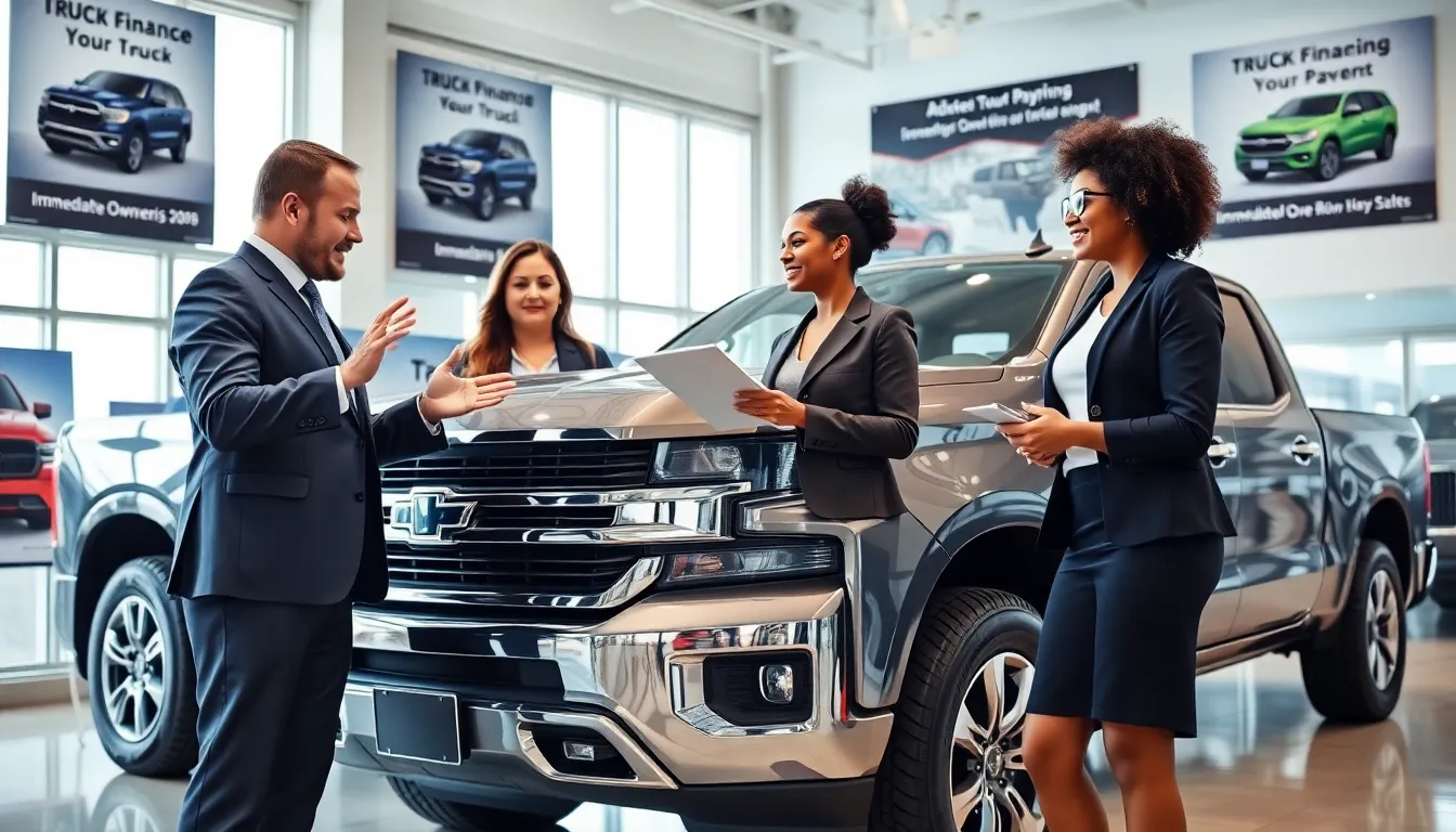 diverse professionals discussing no down payment truck financing in a dealership.