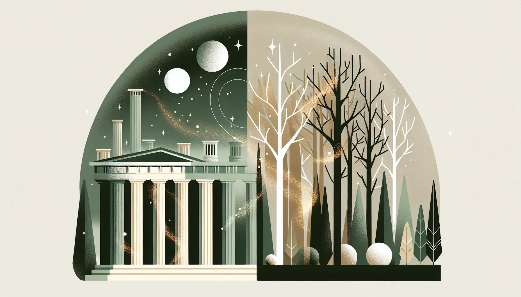 Ancient Athens cityscape contrasting with mystical forest in minimalist style