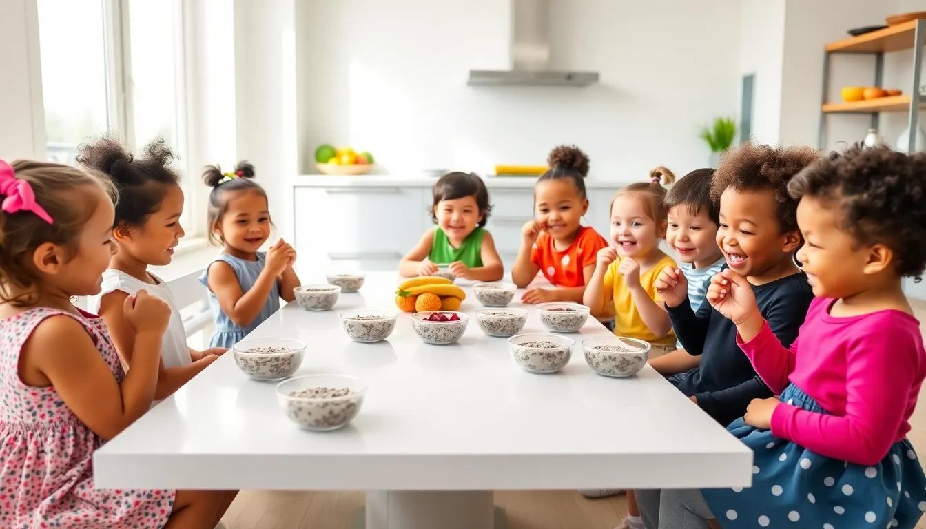 Toddlers enjoying chia seed pudding in a bright kitchen.