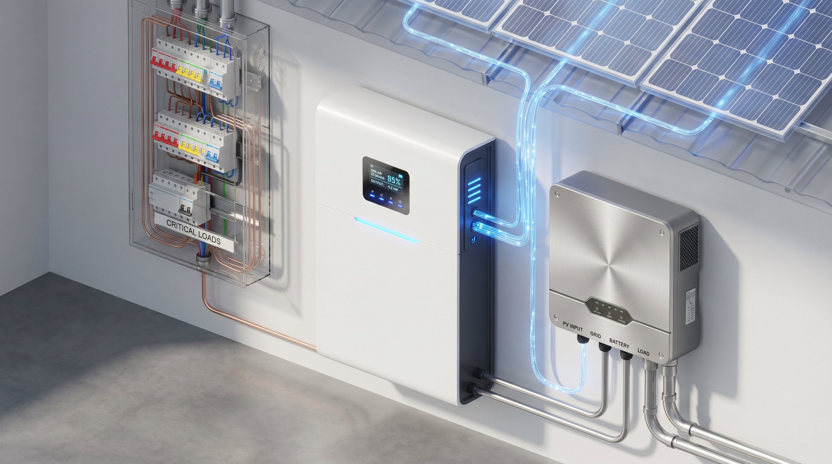 3D render of home solar battery installation with inverter and electrical panel in garage.