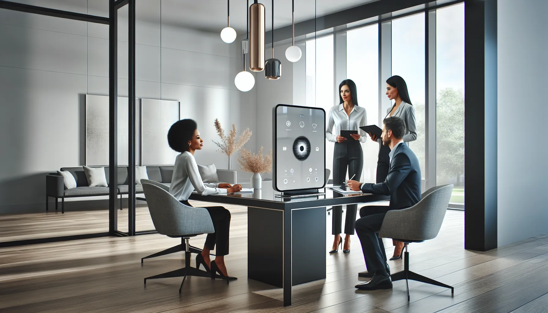 diverse team collaborating with the Nimuri159 device in a modern office.