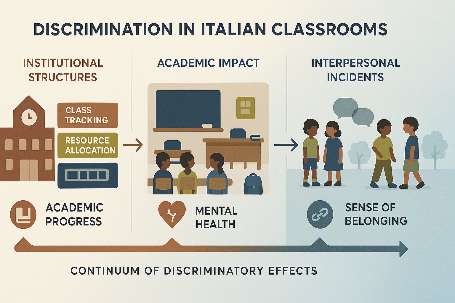 Infografica continuum che mostra gli effetti della discriminazione scolastica da istituzionale a interpersonale.
