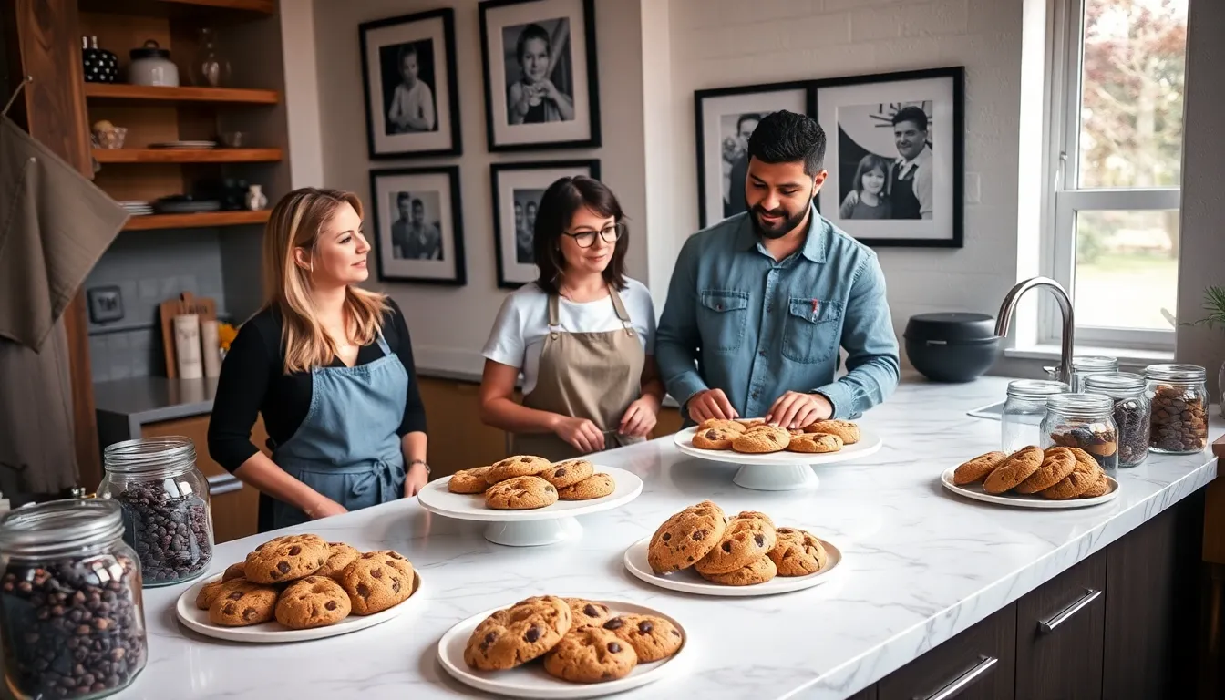 diverse team baking cookies in a bright, modern kitchen.