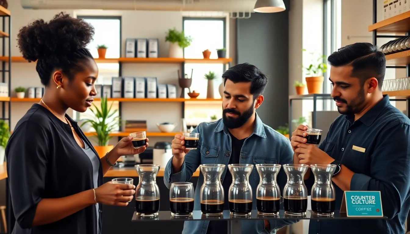 diverse professionals cupping coffee in a modern tasting room.