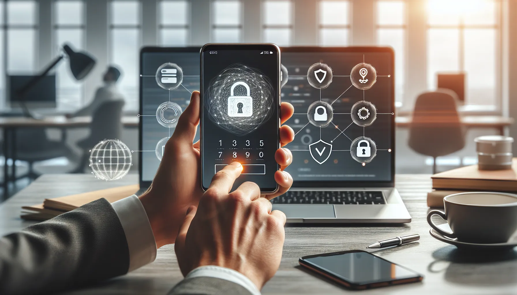 Smartphone showing two-factor authentication code beside laptop with security dashboard in modern office.