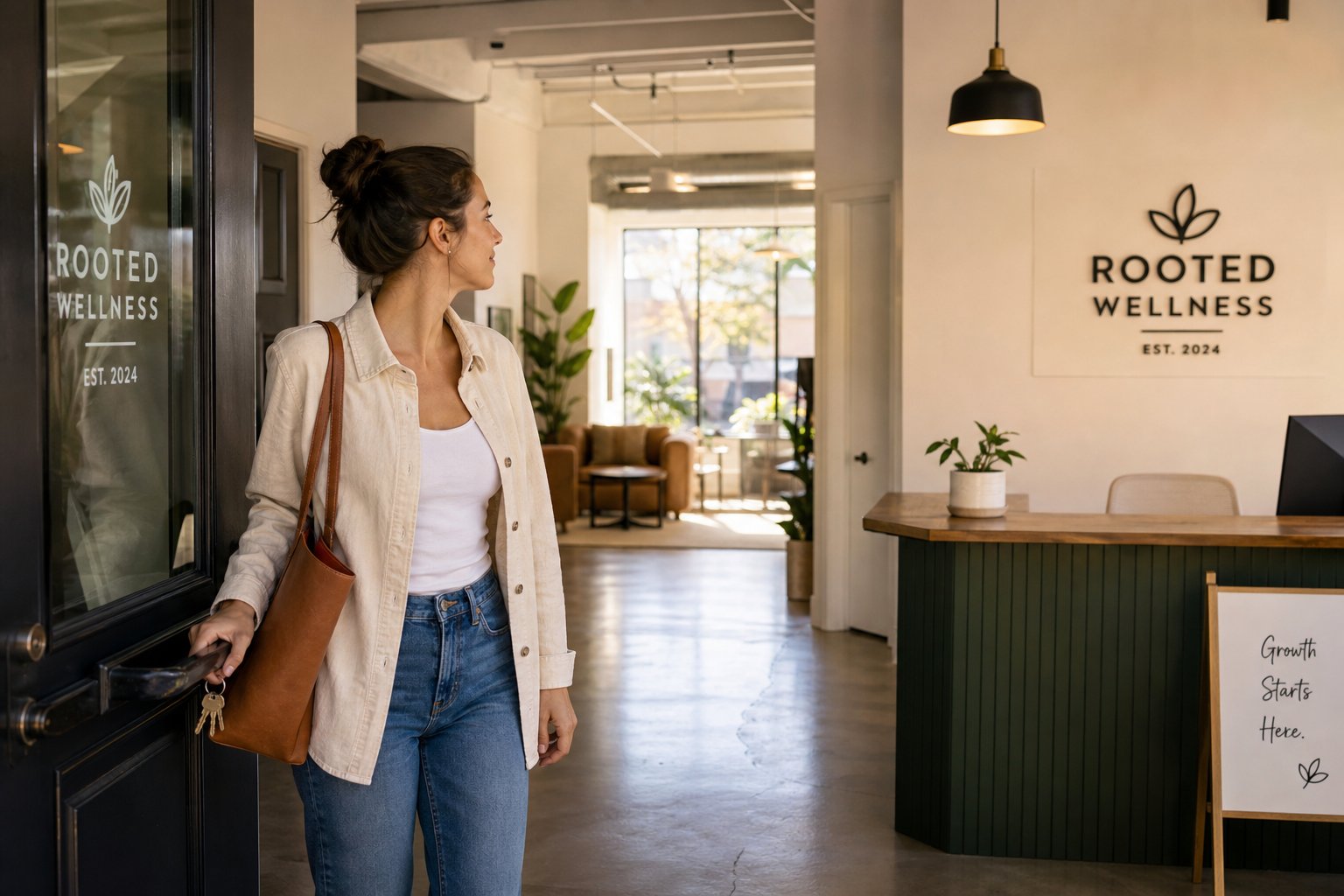 Business owner entering a newly purchased commercial property with a professional reception area and a sense of ownership.