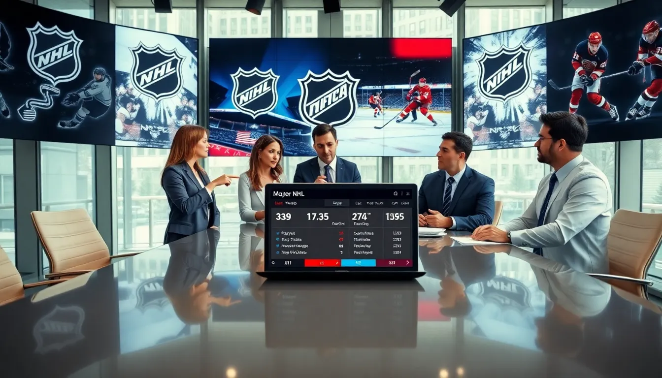 professionals discussing NHL updates in a modern office setting.