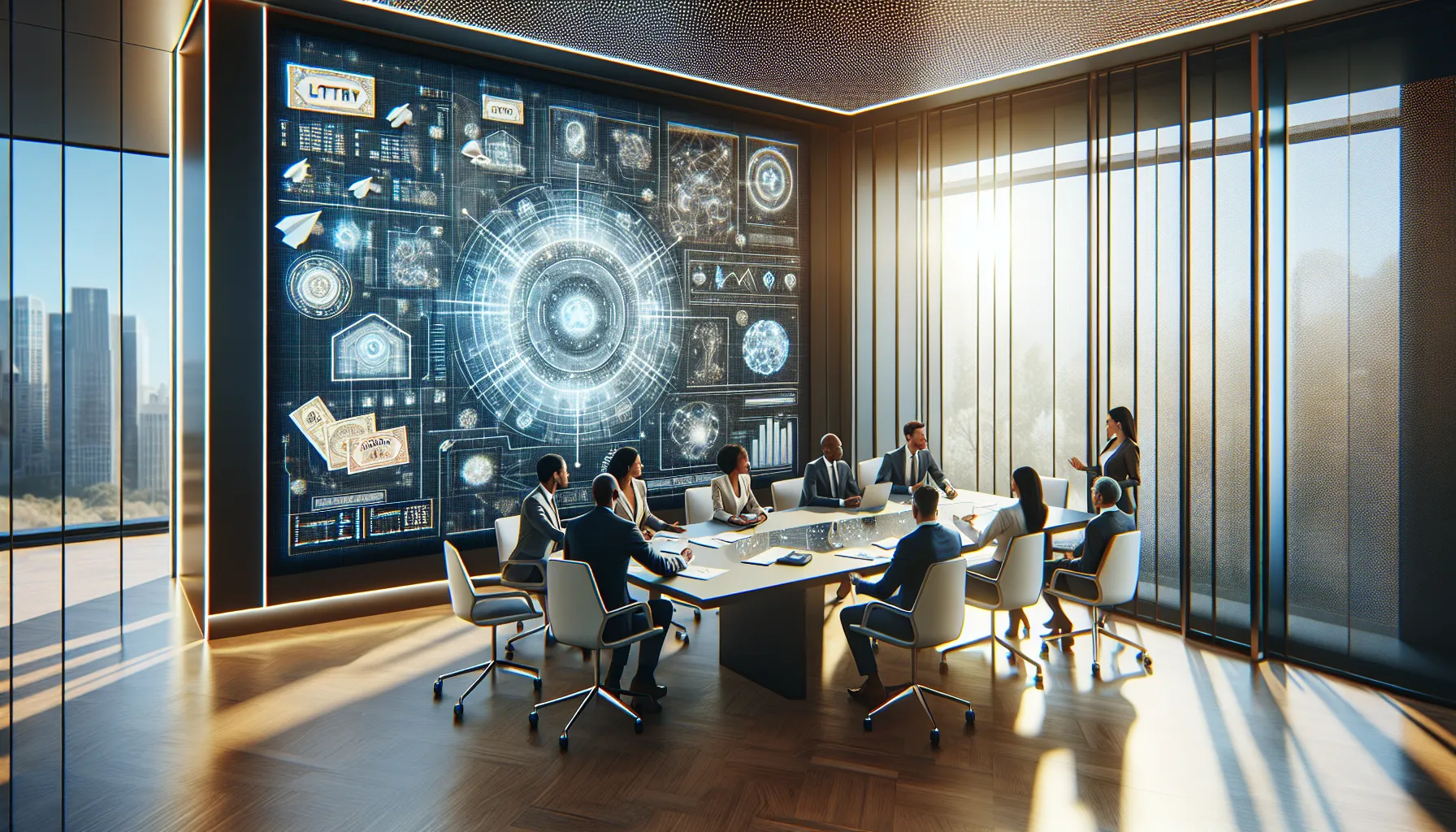 diverse team brainstorming in a modern lottery office.