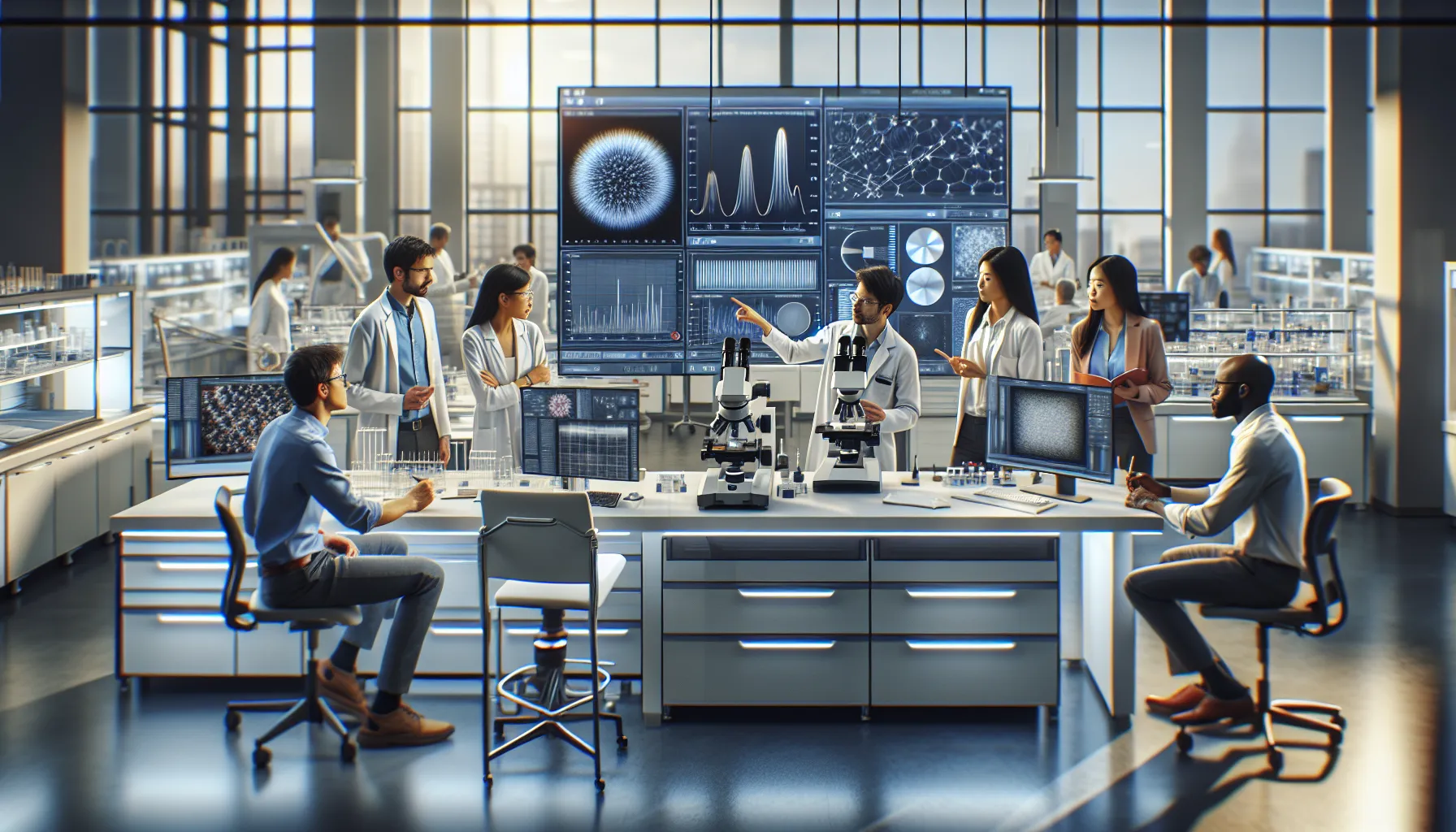 diverse team discussing thin film analysis in a modern lab.