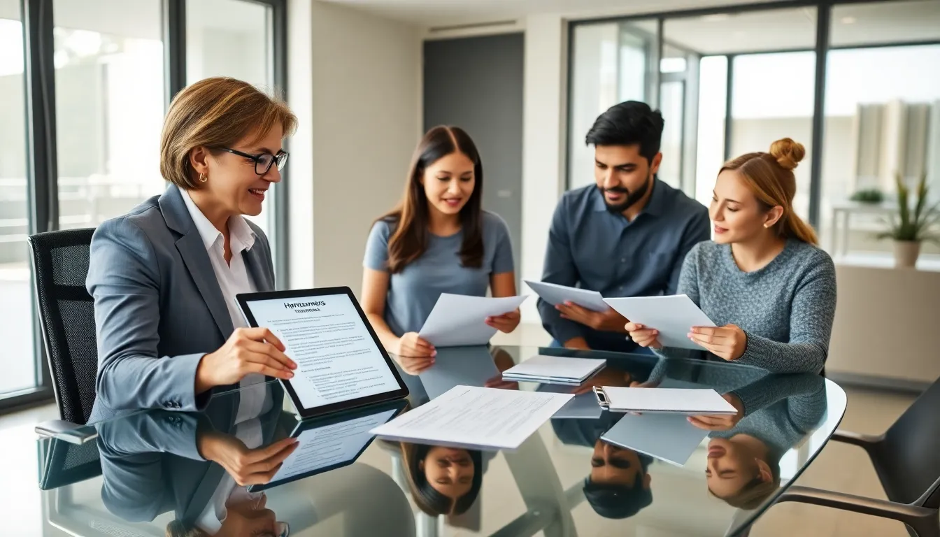 first-time homebuyers consulting with an insurance agent in a modern office.