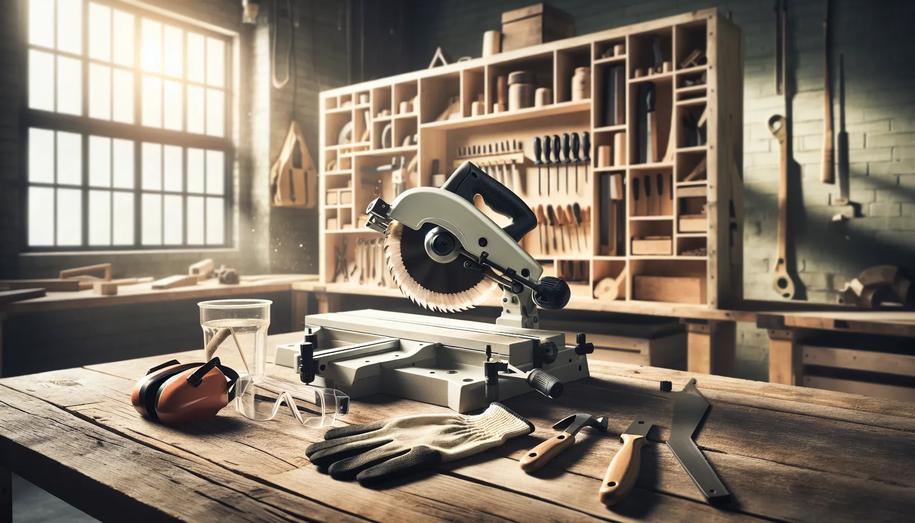 A workspace featuring a miter saw, a circular saw, and safety gear on a bench.