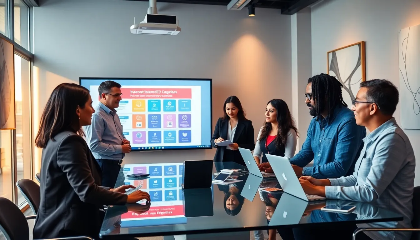 team discussing modems for Spectrum internet services in a modern office.