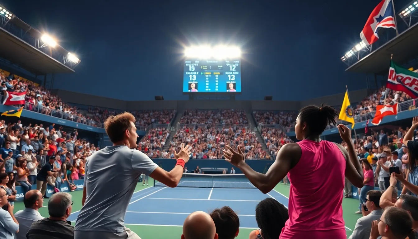 tennis match at a major tournament with enthusiastic crowd.