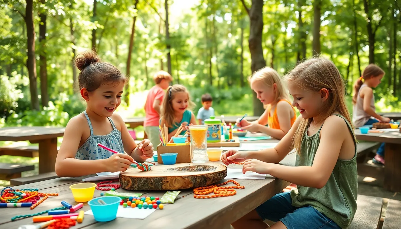 diverse kids enjoying crafting activities at summer camp.