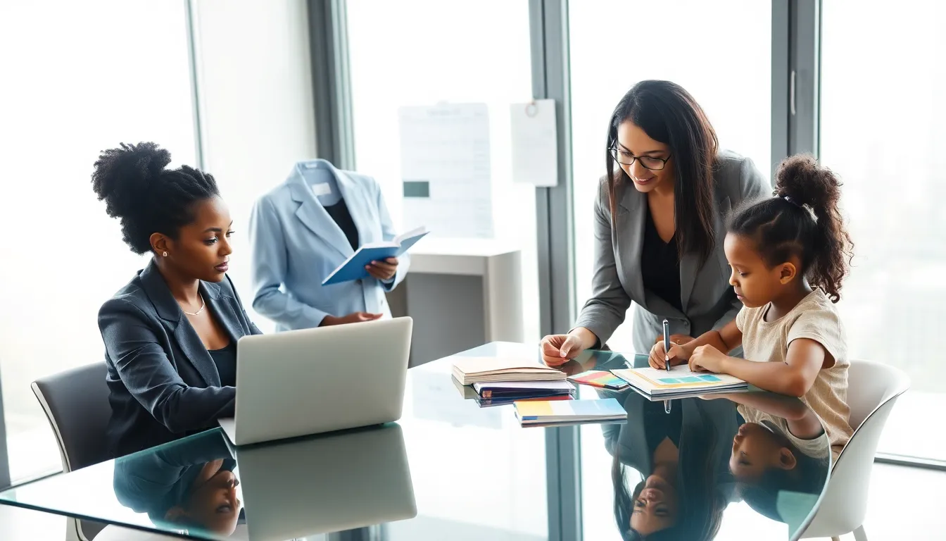 diverse single mothers collaborating in a modern workspace.
