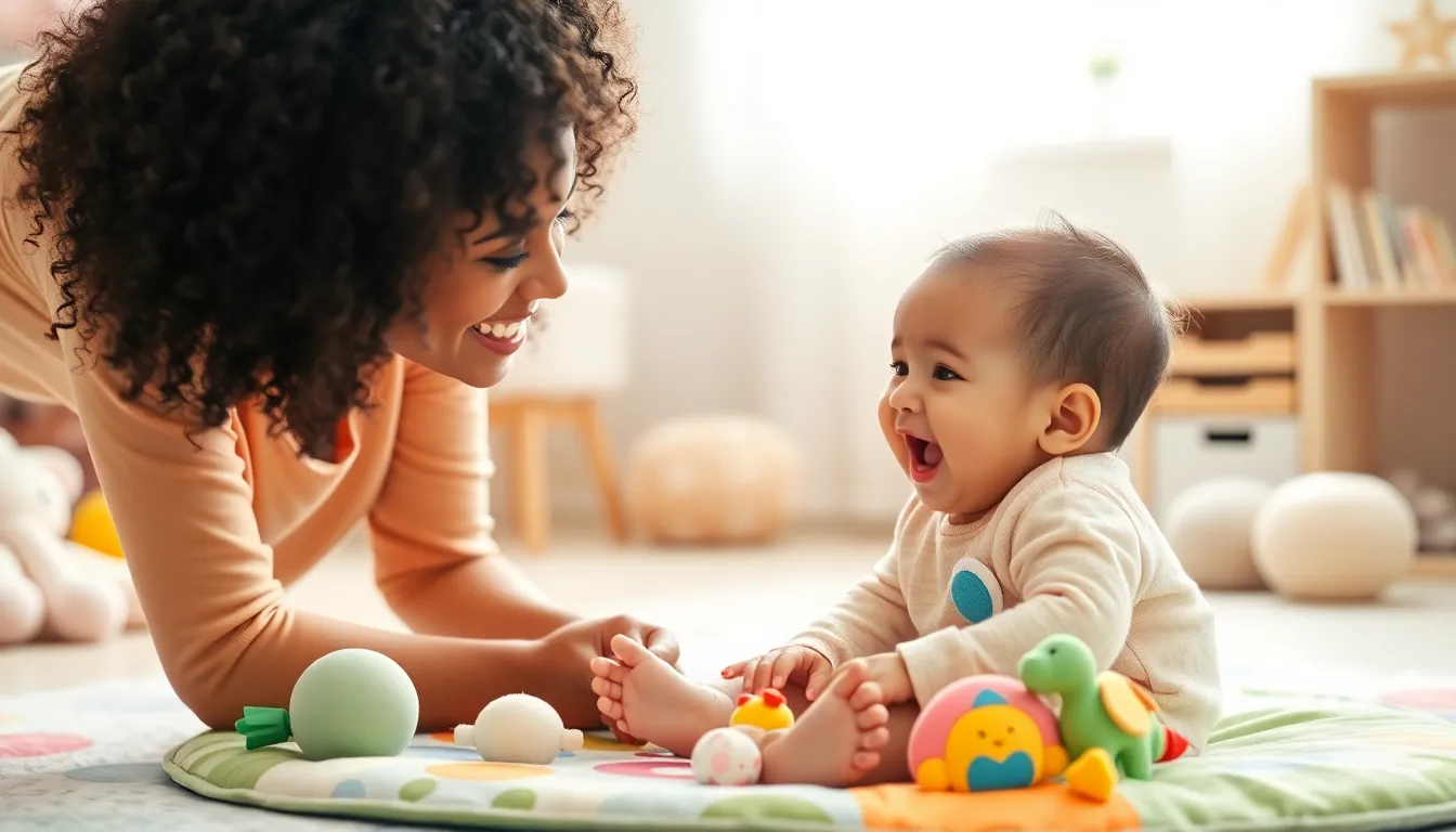 baby babbling in a bright, modern nursery with caregiver.